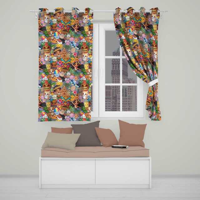 Cute Hawaiian Kids Purple Background Tiki Beach Summer Cartoon Seamless Pattern Readymade Eyelet Ring Top Thermal 100% Blackout Curtains - image 1
