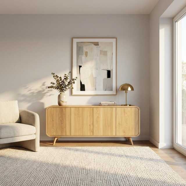 High Sideboard, Wood Tv Unit With Two Compartments, Stand, Vinyl Record Storage, Dresser, File Credenza, Art Deco Media Console - image 1