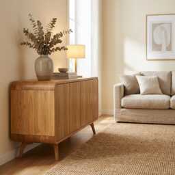 High Sideboard, Wood Tv Unit With Two Compartments, Stand, Vinyl Record Storage, Dresser, File Credenza, Art Deco Media Console - thumbnail 3