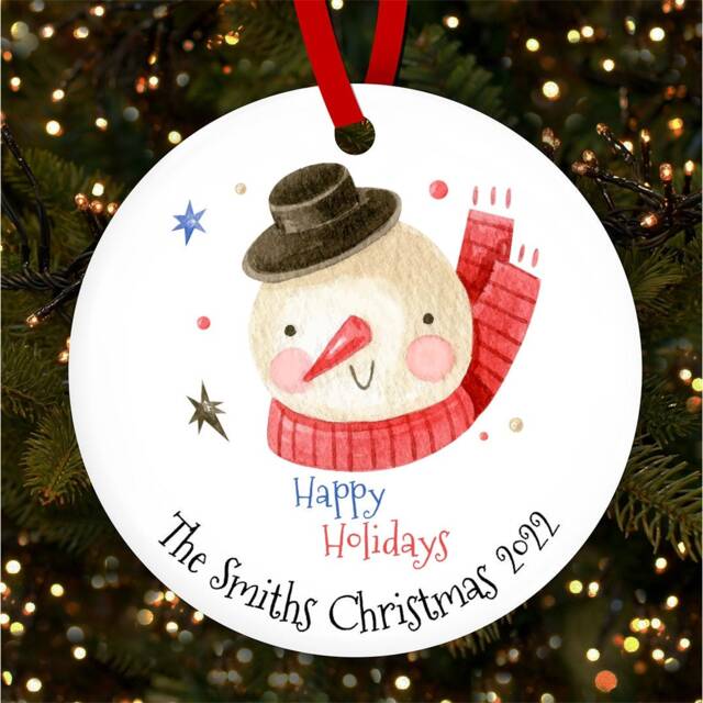 Family Name Smiling Snowman Personalised Christmas Tree Ornament Decoration