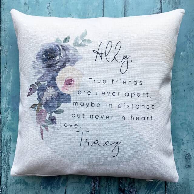 Personalised True Friends Are Never Apart.. Blue Stripe Floral Design Home Quote Linen Style Cushion Decor Cover