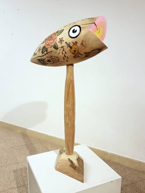 Original Wood Sculpture // Pirographed Bird Fish Weird Creation, Old School Tattoo Design, Pop Art Style, Colourful Object, Interior Decor - image 1