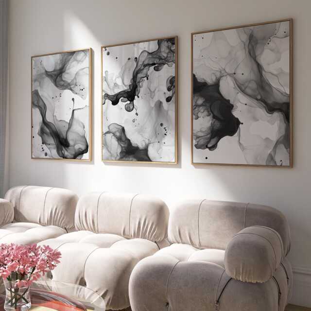 Black & White Fluid Marble Splash Wall Prints, Set Of 3 Posters, Abstract Art, Bedroom Home Decor, Gallery Wall, Modern 2895 - image 1