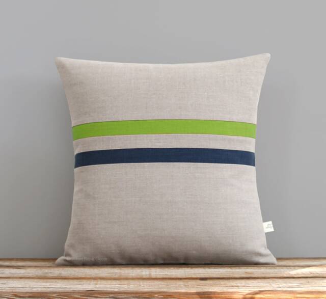 Lime & Navy Striped Linen Pillow Cover - 16x16 By Jillianrenedecor, Colorful Home Decor - image 1