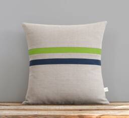 Lime & Navy Striped Linen Pillow Cover - 16x16 By Jillianrenedecor, Colorful Home Decor - thumbnail 1