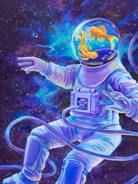 Starfish 18x24 Print - Beautiful Colorful Stars Fish Astronaut Space Goldfish Abstract Cosmos Original Illustration Acrylic Painting - image 1