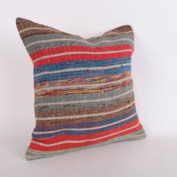 Handwoven Turkish Kilim Pillow 16x16 Vintage Boho Cushion Cover - thumbnail 3