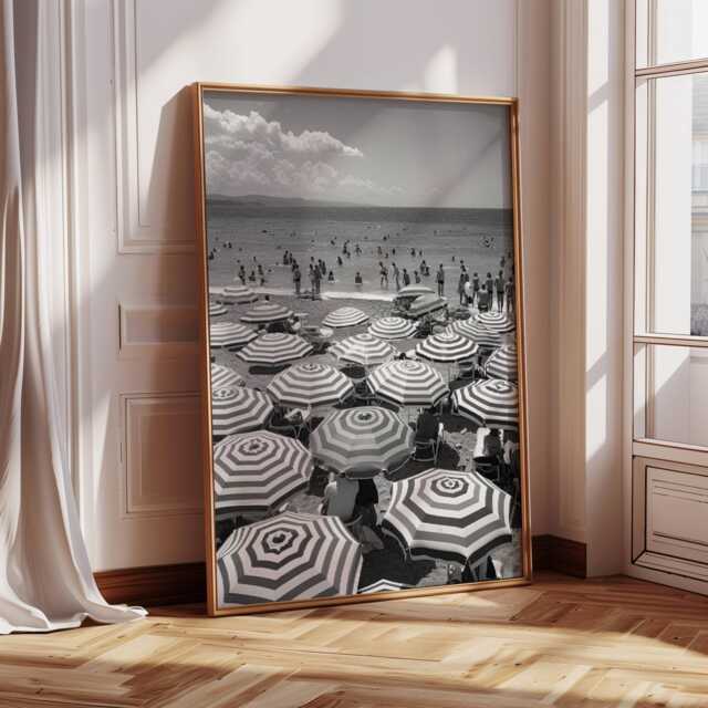 Black & White Mediterranean Beach - Italian Riviera Umbrella On Summer Prints Wall Art Home Decor Poster - image 1