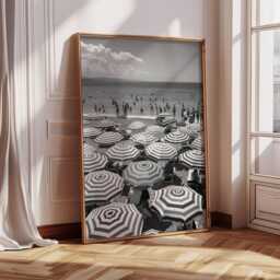 Black & White Mediterranean Beach - Italian Riviera Umbrella On Summer Prints Wall Art Home Decor Poster - thumbnail 1