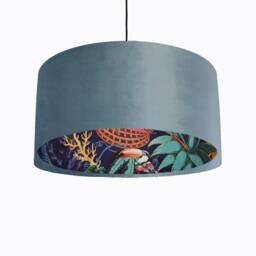 Duck Egg Blue Velvet Lampshade With Tropical Wonderland Lining, Large Ceiling Lightshade