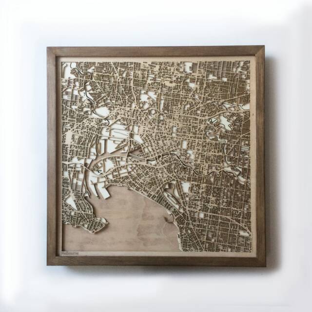 Melbourne Wooden Street Map - Laser Cut Walnut, Framed 3D Wall Art - image 1
