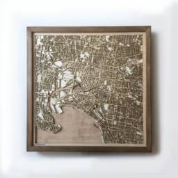 Melbourne Wooden Street Map - Laser Cut Walnut, Framed 3D Wall Art - thumbnail 1