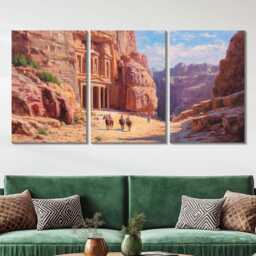 Petra Treasury 3 Panel Split Canvas Wall Art Ancient Rose-Red Rock Jordan Desert Landscape Oil Painting Framed Home Decor - thumbnail 2