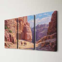 Petra Treasury 3 Panel Split Canvas Wall Art Ancient Rose-Red Rock Jordan Desert Landscape Oil Painting Framed Home Decor