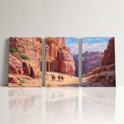 Petra Treasury 3 Panel Split Canvas Wall Art Ancient Rose-Red Rock Jordan Desert Landscape Oil Painting Framed Home Decor - thumbnail 3