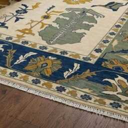 Vintage Oushak Rug, Blue Cream Floral Area Persian Style Sage Green & Mustard Traditional Bedroom Living Room Custom Wool Rug - thumbnail 3