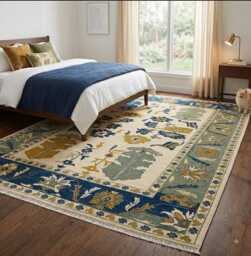Vintage Oushak Rug, Blue Cream Floral Area Persian Style Sage Green & Mustard Traditional Bedroom Living Room Custom Wool Rug