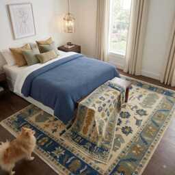 Vintage Oushak Rug, Blue Cream Floral Area Persian Style Sage Green & Mustard Traditional Bedroom Living Room Custom Wool Rug - thumbnail 4