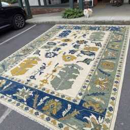 Vintage Oushak Rug, Blue Cream Floral Area Persian Style Sage Green & Mustard Traditional Bedroom Living Room Custom Wool Rug - thumbnail 2