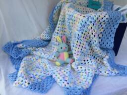 Baby Gift Set For Boy - Handmade Crochet Afghan Blanket Shower Blue Border - thumbnail 1