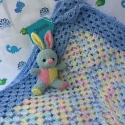 Baby Gift Set For Boy - Handmade Crochet Afghan Blanket Shower Blue Border - thumbnail 4