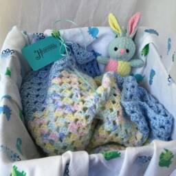 Baby Gift Set For Boy - Handmade Crochet Afghan Blanket Shower Blue Border - thumbnail 3