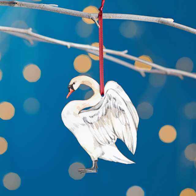 Swan Christmas Tree Decoration, Birch Plywood Ornament, Animal Lover Gift, Festive Watercolour Art, Traditional Keepsake - image 1