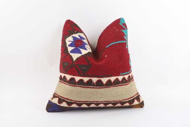 Vintage Turkish Kilim Pillow Cover Handwoven Wool Throw 16x16 - image 1
