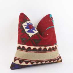 Vintage Turkish Kilim Pillow Cover Handwoven Wool Throw 16x16 - thumbnail 3