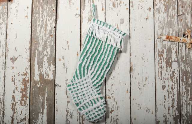 Fluffy Green & White Vintage Chenille Christmas Stocking With Matching Cuff - Wedding Ring, Flower - image 1