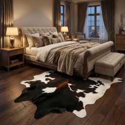 Authentic Black & White Cowhide Rug - Medium Natural Leather Skin For Elegant Interiors - 42x38 Inches - thumbnail 3