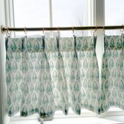 Floral Block Print Cafe Curtains Pleated Cotton Linen Blend - thumbnail 2