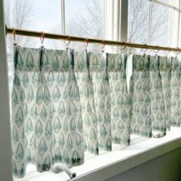 Floral Block Print Cafe Curtains Pleated Cotton Linen Blend - thumbnail 3