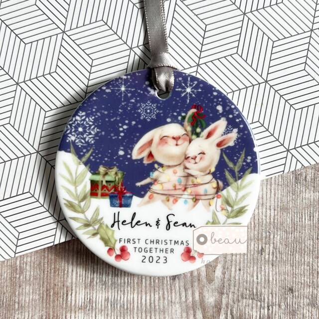 Personalised 1st First Christmas Married Together Engaged Engagement Gift As Mr Mrs Greenery Acrylic Or Ceramic Ornament Keepsake - image 1