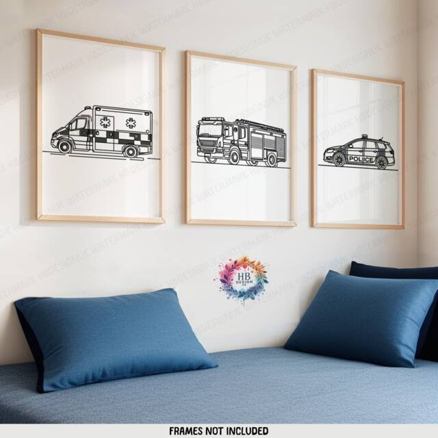Emergency Vehicle Prints - Minimal Nursery Decor - Set Of 3 Posters Transport Wall Art Kids Room Home Line Drawing Minimalist - image 1