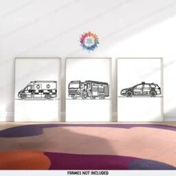 Emergency Vehicle Prints - Minimal Nursery Decor - Set Of 3 Posters Transport Wall Art Kids Room Home Line Drawing Minimalist - thumbnail 2