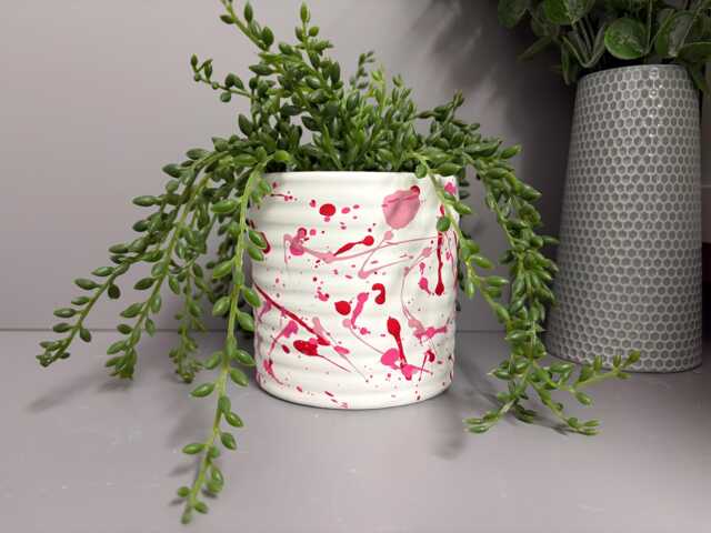 Hand Painted Ceramic Plant Pot, Pink & Red Plant Pot, Paint Splatter Pot - image 1