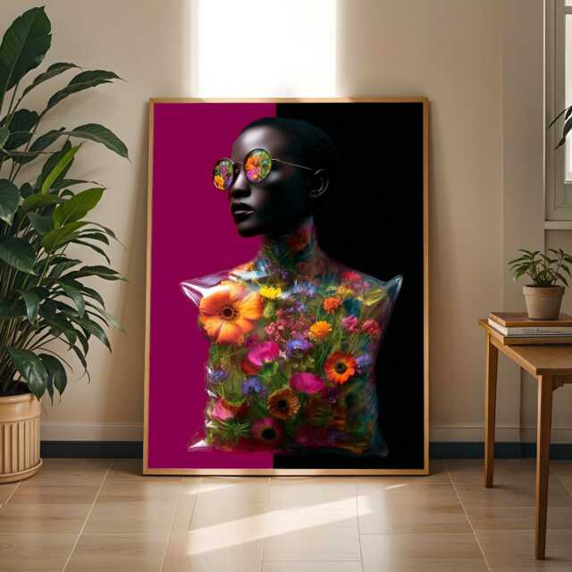 Surreal Floral Portrait Art Print Neon Futuristic Fashion - Poster Only - image 1