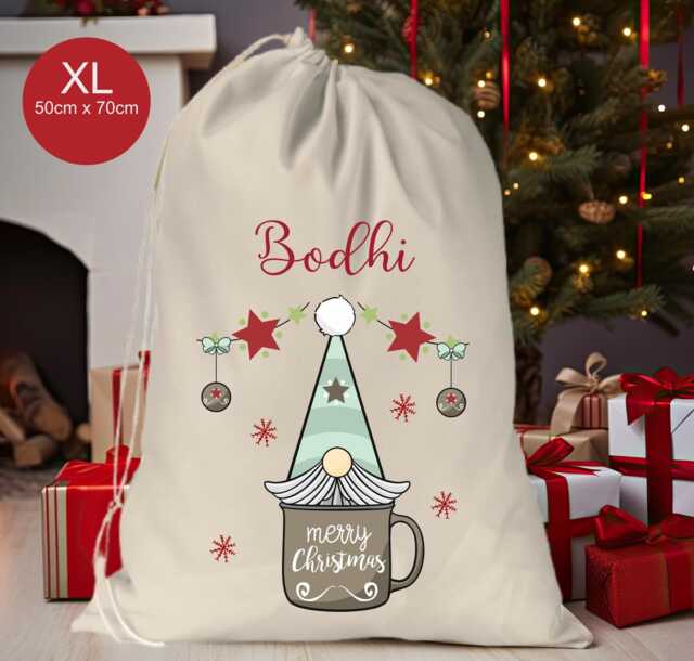 Personalised Xl Drawstring Christmas Sack/stocking.. Santa Hat Gonk Gnome Xmas Present Sack Gift Bag.. His Hers - image 1