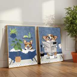 Corgi Bathroom Prints, Bath & Toilet Art, Set Of Two Blue Prints. Funny Pet Portrait Glossy - thumbnail 2