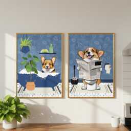 Corgi Bathroom Prints, Bath & Toilet Art, Set Of Two Blue Prints. Funny Pet Portrait Glossy - thumbnail 3