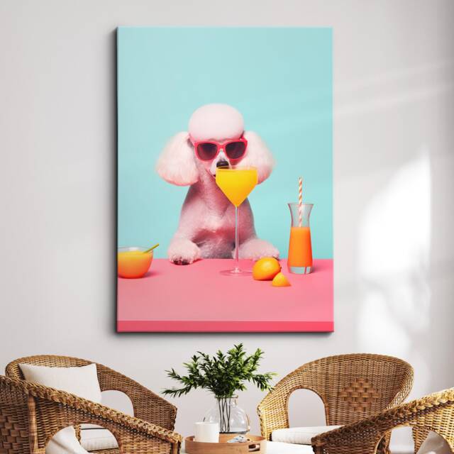Vibrant Poodle Drinking With Glasses Painting Framed Poster Print & Canvas Wall Decor Art Bedroom Home Interior Gift For Dog Lover - image 1