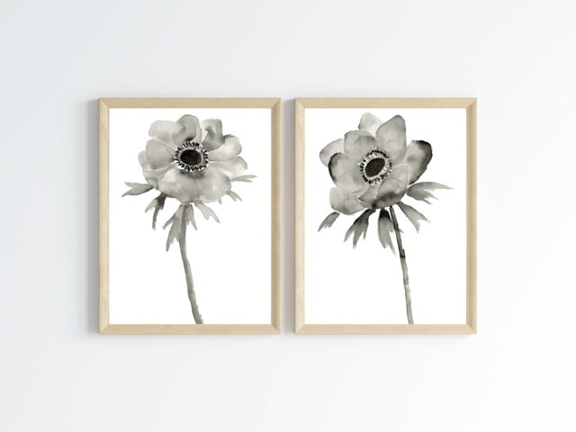 Anemone Set Of 2 Fine Art Prints, Original Floral Art, Sumi Ink Painting, Black & White Botanical Prints, Minimalist Decor - image 1