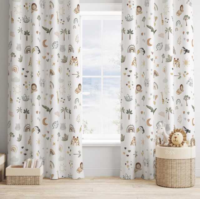 Little Safari Doodles Curtains, Nursery Curtains Blackout Or Non Blackout, With Eyelets, Pencil Pleat Rod Pocket, Animal - image 1