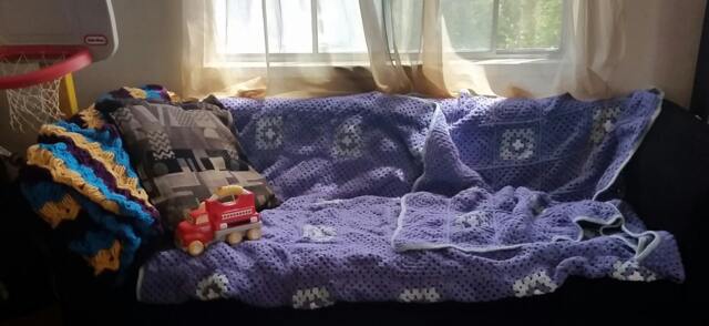 Handmade, Queen-Sized, Lavender Crocheted Blanket/Throw Made With Granny Squares & Pale Green Crab-stitch Border - image 1