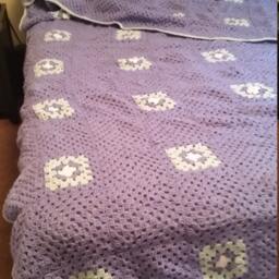 Handmade, Queen-Sized, Lavender Crocheted Blanket/Throw Made With Granny Squares & Pale Green Crab-stitch Border - thumbnail 2