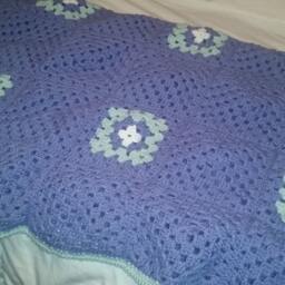 Handmade, Queen-Sized, Lavender Crocheted Blanket/Throw Made With Granny Squares & Pale Green Crab-stitch Border - thumbnail 4
