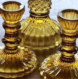 Small Amber Glass Candlestick Holder - Coloured Orange Candle Etched Taper Dinner