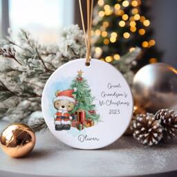 Great Nephew's First Christmas Bauble, Personalised Santa Bear Tree Decoration, Grandson Granddaughter, in July - thumbnail 3
