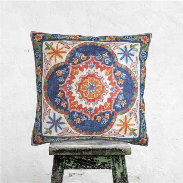 Stunning Hand Embroidered Silk Cushion Cover, Kashmiri Aari Crewel Embroidery, 40 X cm 16 in Vintage Style - image 1